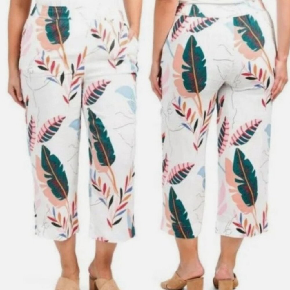 Cynthia Rowley 100% Linen Palm Leaf Print Wide-Leg Cropped Pants
